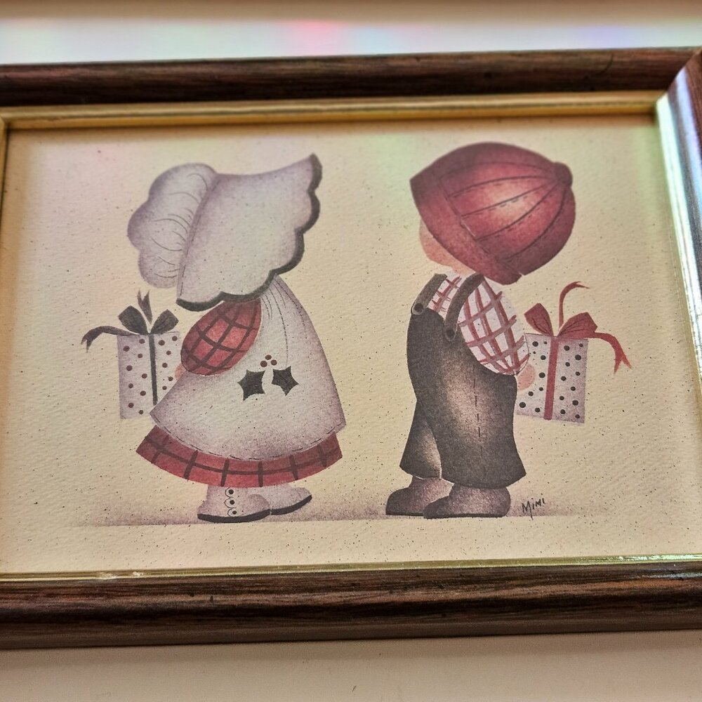 vintage folk art primitive boy and girl  8x6 signed